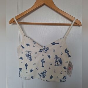 NWT Women's Messy Bun Just Chillin Cream and Blue Horse Crop Top Medium